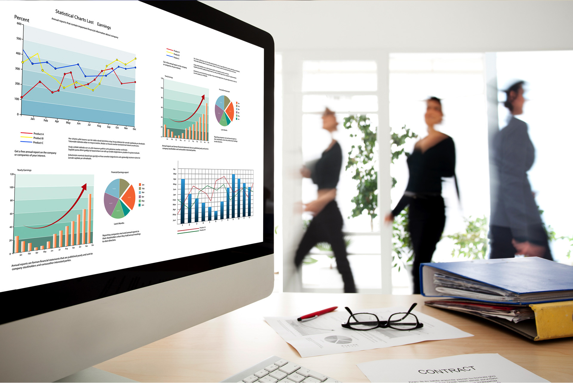 Computer screen showing graphs and charts of business budget, and cash flow